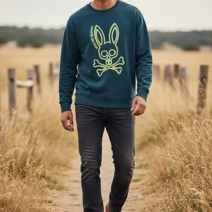 Psycho Bunny Teal Crewneck Sweater with Neon Graphic